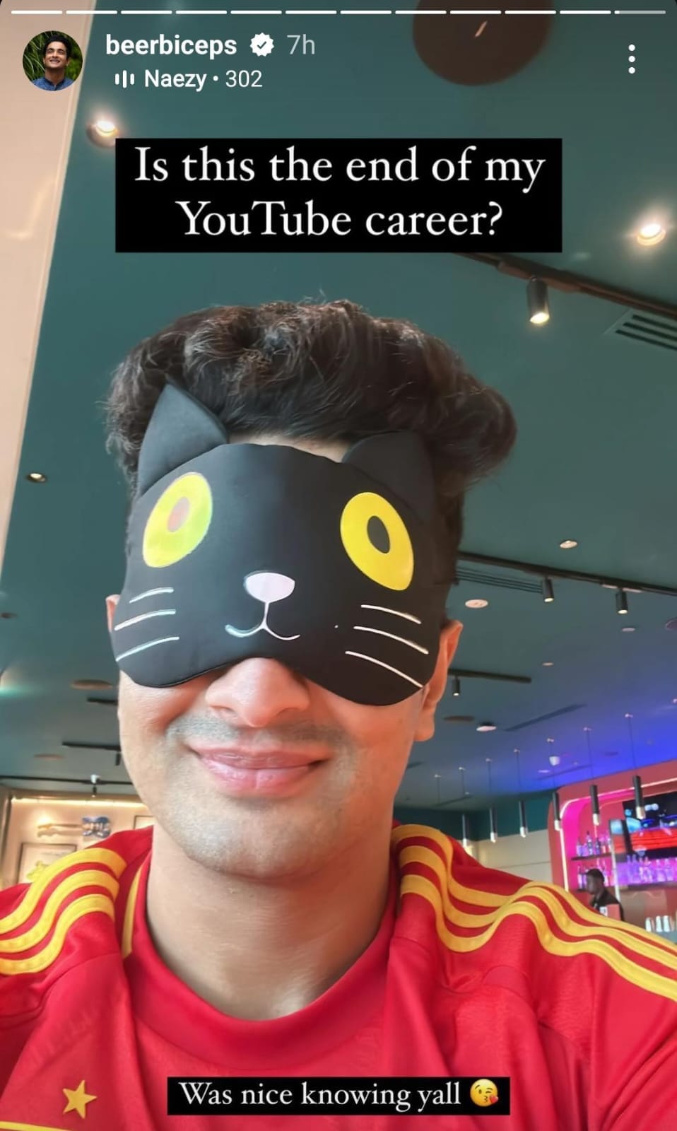 In another Instagram story, Ranveer Allahbadia posted a selfie while wearing a cartoon cat eye mask(Instagram/BeerBiceps)