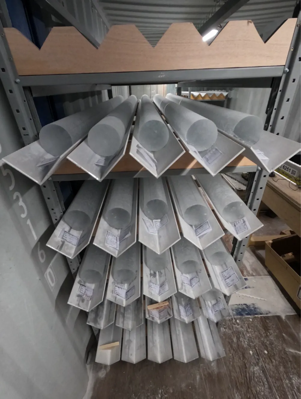 Sections of ice core samples stacked on shelves