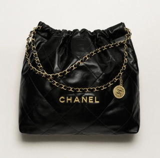 a Chanel 22 bag in front of a plain backdrop