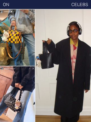 Collage of actress Ayo Edebiri holding black bucket bag with plushie bag charm and singer Lisa holding Khaite Elena Bag and Louis Vuitton Speedy with Labubu bag charms.