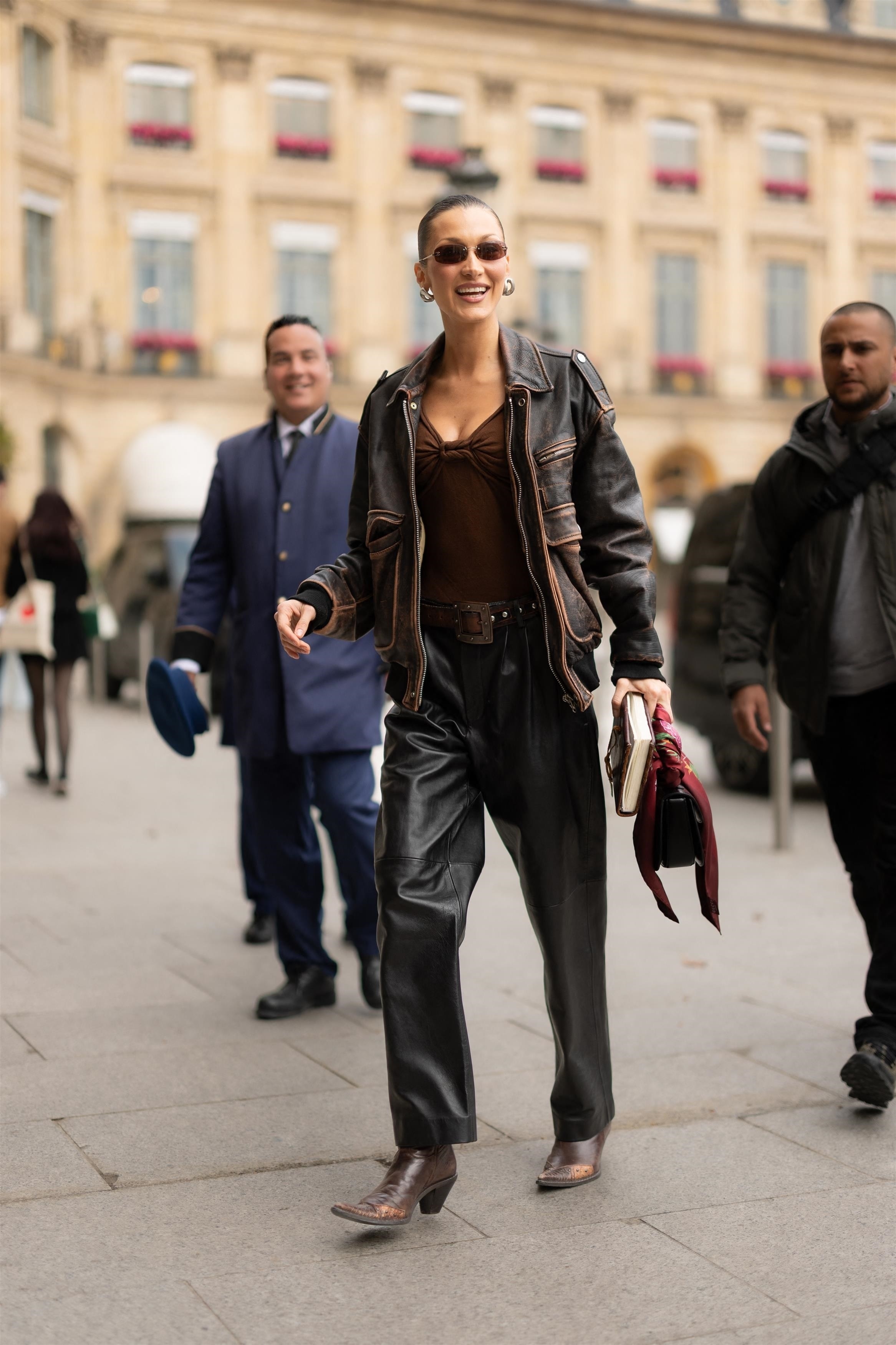Bella Hadid was photographed departing her hotel and heading to the prestigious Ritz hotel in Paris