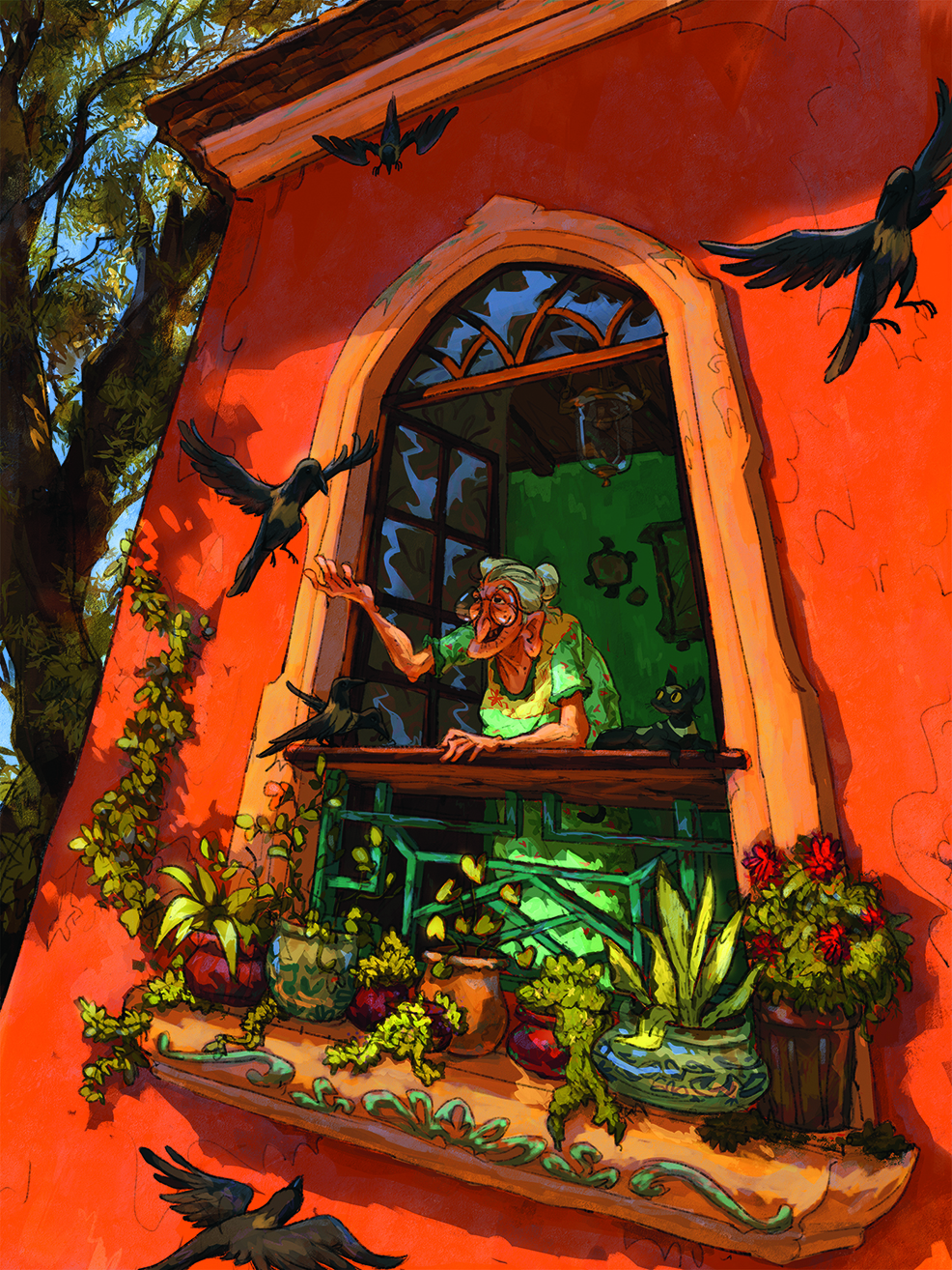 2D art; a woman leans out of the window to reach a crow