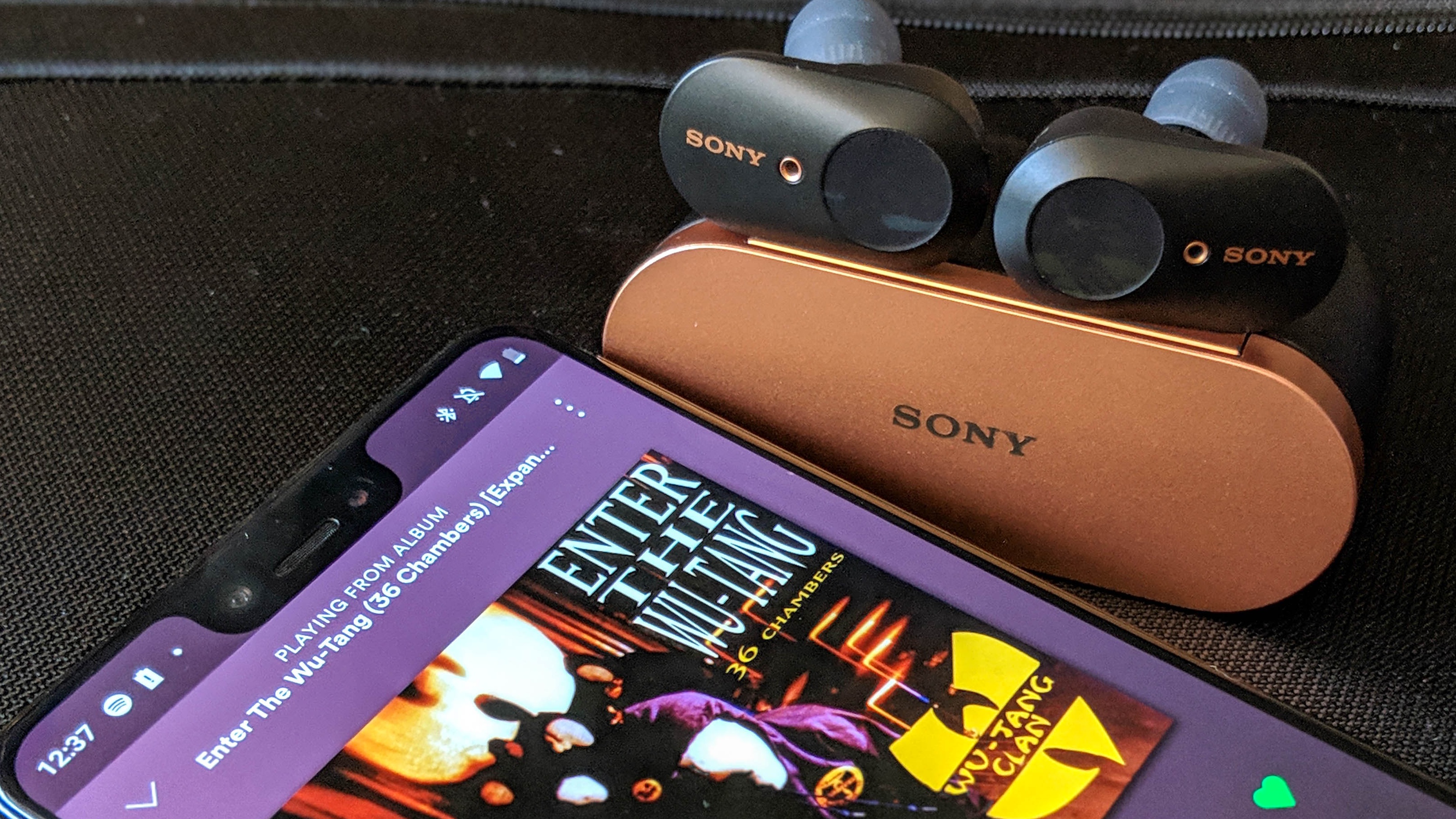 The Sony WF-1000XM3 paired to an Android smartphone
