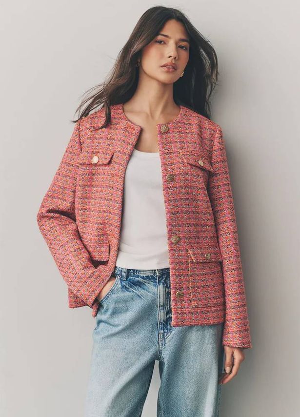 The Pink/Orange Collarless Textured Boucle Jacket has been reduced by 50%