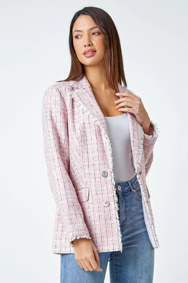 The The Pink Frayed Edge Boucle Check Jacket has been reduced by over 25%