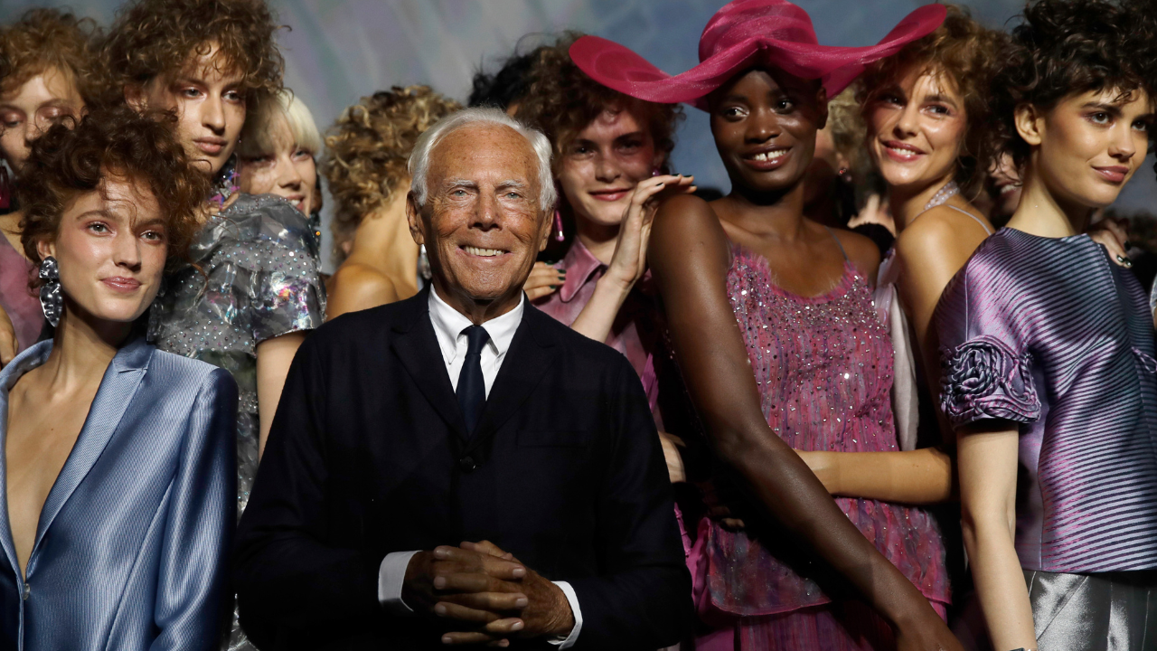 Designer Giorgio Armani centre poses with models at the end of his women39s 2019 Spring-Summer collection unveiled during the Fashion Week in Milan Italy Sunday Sept 23 2018 Credits AP