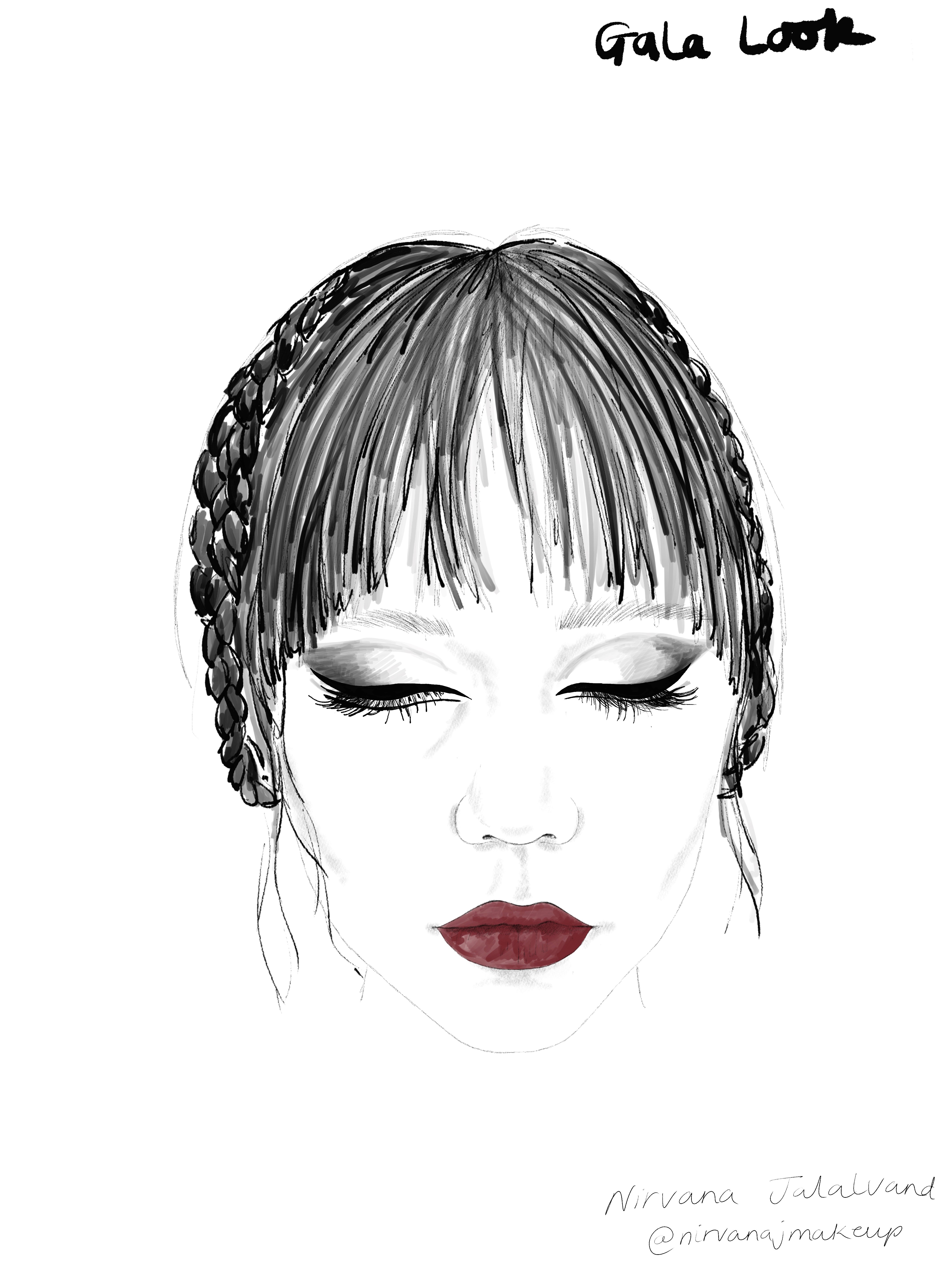 Nirvana Jalalvand's face chart for Wednesday's gala makeup and hair look.
