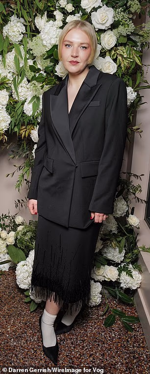 She also wore a fringe midi-skirt (£180) and black heel pointed heels (£105)