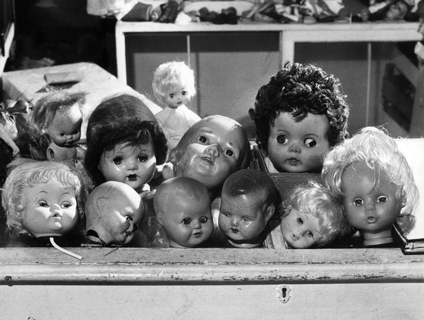Some of the dolls heads waiting for new bodies at the Dolls' Hospital, Piccadilly, Manchester. 28th December 1987