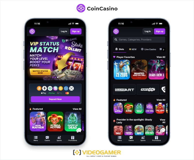 Mobile screenshots showing CoinCasino
