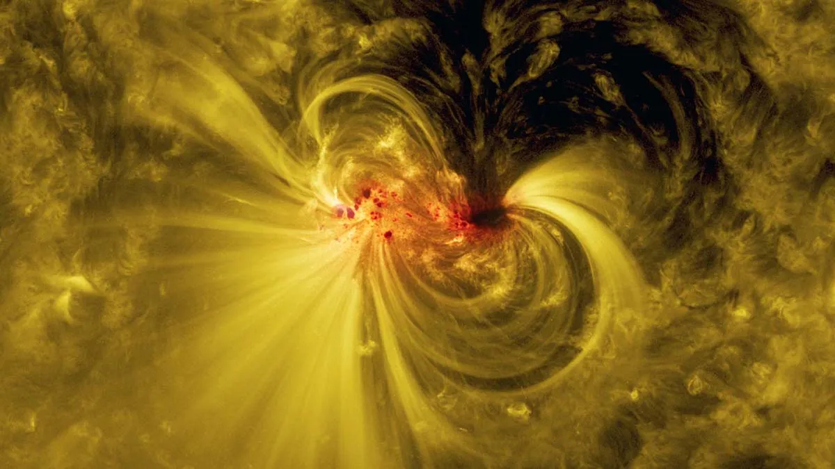 An active region on the Sun, as seen by NASA's Solar Dynamics Observatory between 5-17 July 2017. This image shows a sunspot in visible and extreme ultraviolet light, with particles seen spiralling along magnetic field lines. Credit: NASA’s Goddard Space Flight Center/SDO