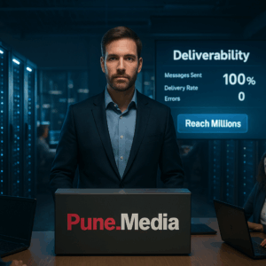 Sleek data center with Pune.Media panel, perfect stats, evoking tech power and reliability.