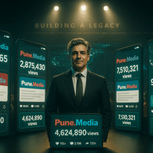Montage of viral Pune.Media campaigns, leader overseeing, evoking compounding growth and permanence.