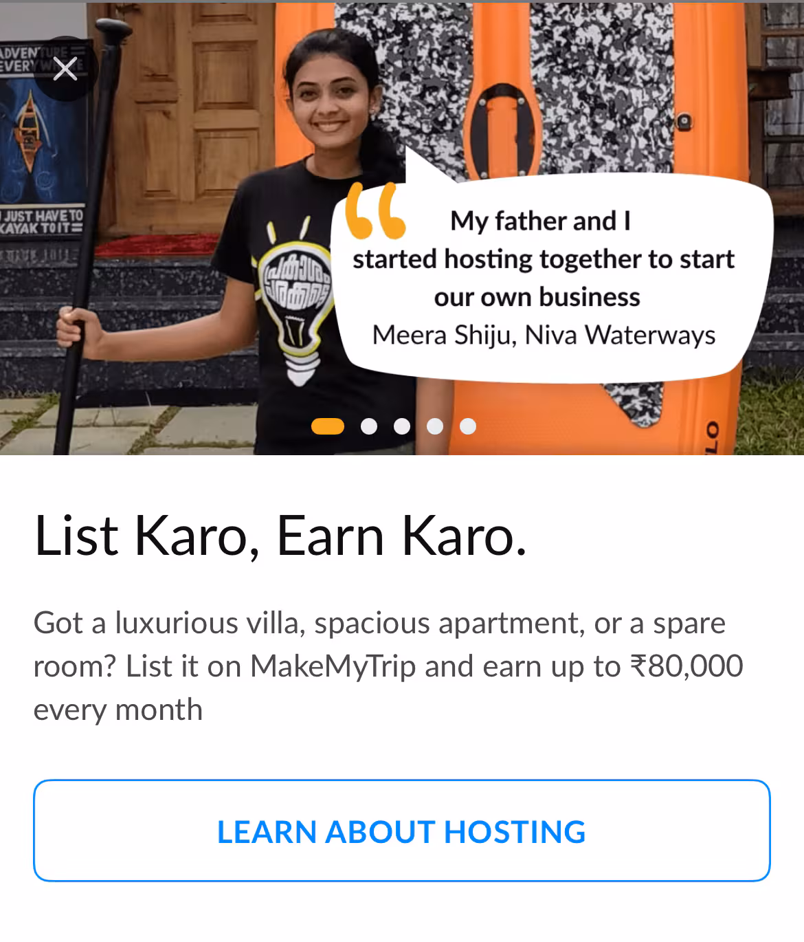 A screengrab from MMT’s app. The company is building out its homestays and vacation rentals business.