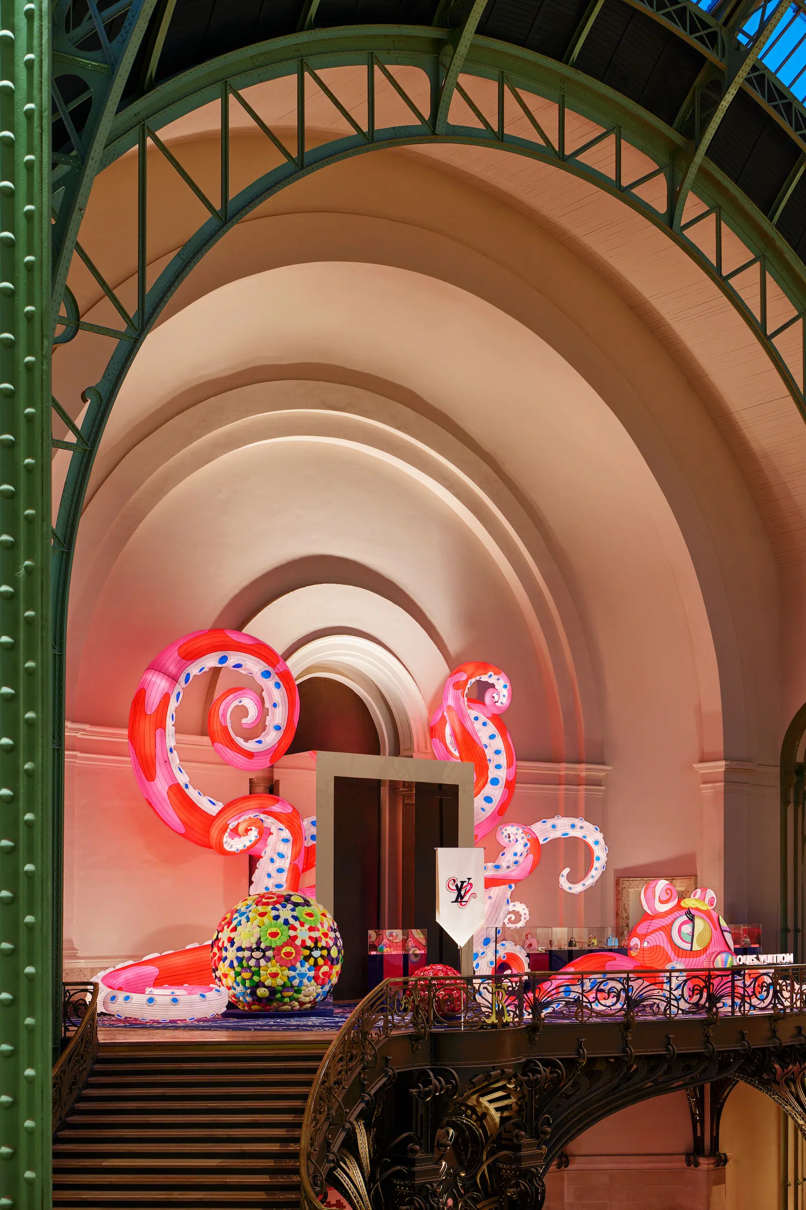 Installation view of Takashi Murakami’s newest collaboration with Louis Vuitton, “Artycapucines VII,” at the Grand Palais, the site of this year’s Art Basel Paris, which will run October 24–26.