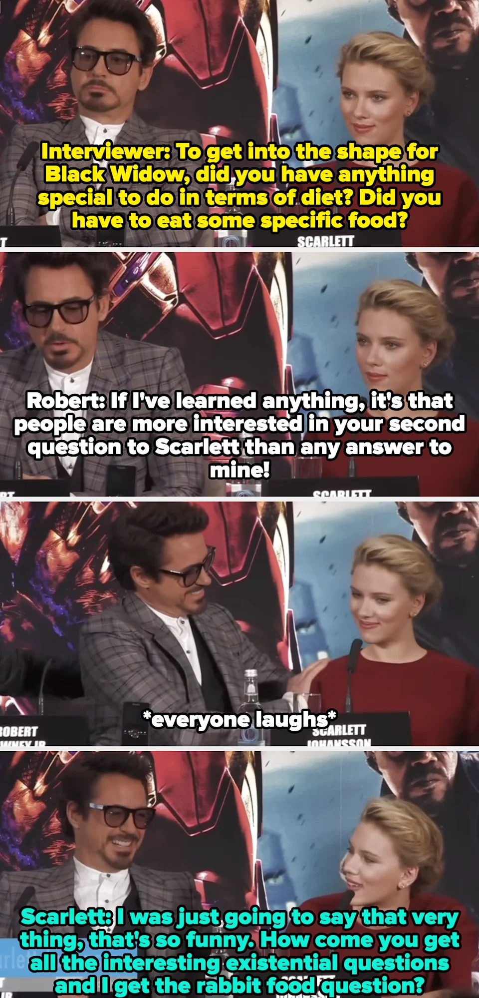 Robert and Scarlett on red carpet in playful interview. Robert jokes about diet questions, Scarlett humorously points out their differing queries