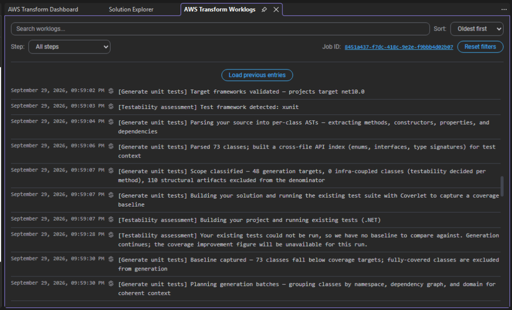 Screenshot of AWS Transform worklog window showing unit test activity