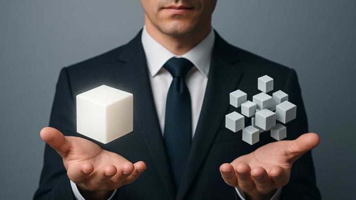 Don’t buy a consultant’s AI framework photo illustration of hands holding cubes