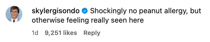 Comment from Skyler Gisondo that says, "Shockingly no peanut allergy, but otherwise feeling really seen here"