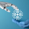 A robot hand and a doctor's hand with a medical technology icon. A concept for human and AI collaboration in healthcare, robotic-assisted surgery, and the future of medicine.