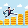 A pay raise signals salary increase, income growth, rising investment profits and earnings, along with career development and wealth management, concept of A jubilant businessman jumping atop a growing stack of money coins