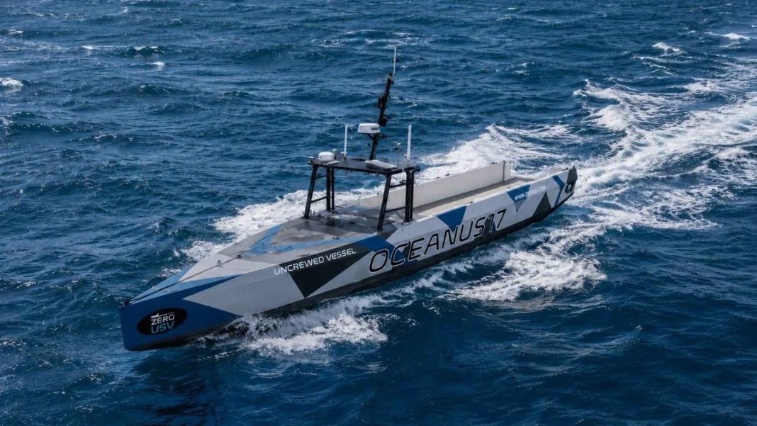 A 56-foot British drone boat built to carry 8,818 pounds in a 20-foot shipping-container slot spent September off Portugal catching what sonobuoys radio back, a job a patrol aircraft burns flight hours circling to do, and the Royal Navy has already bought a second receiver A 56-foot British drone boat built to carry 8,818 pounds in a 20-foot shipping-container slot spent September off Portugal catching what sonobuoys radio back, a job a patrol aircraft burns flight hours circling to do, and the Royal Navy has already bought a second receiver
