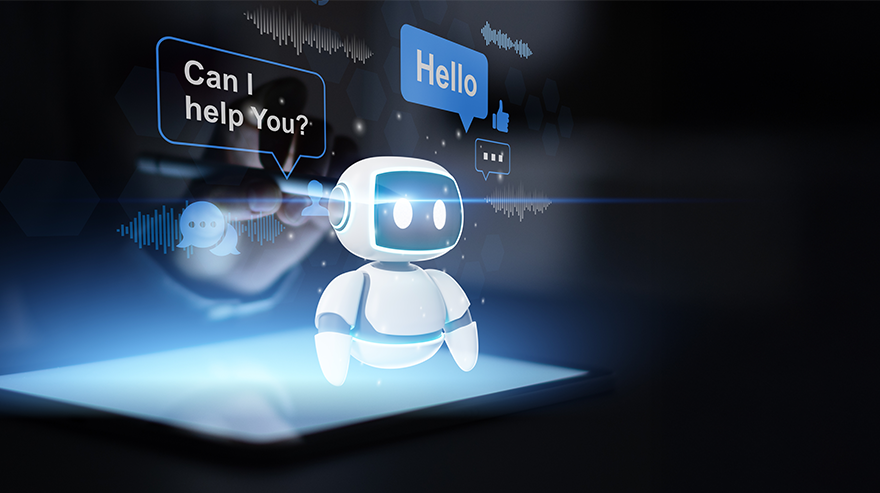 Graphic shows a person holding a stylus over a tablet while a hologram hovers above the device along with speech bubbles saying "Hello" and "Can I help you?"