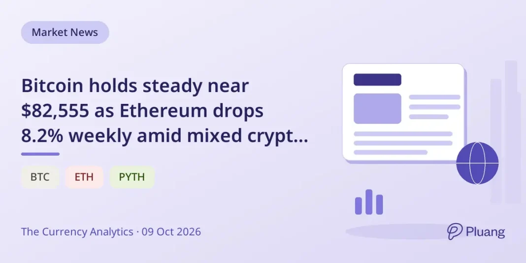 Bitcoin holds steady near $82,555 as Ethereum d… Bitcoin holds steady near $82,555 as Ethereum drops 8.2% weekly amid mixed crypto market signals.