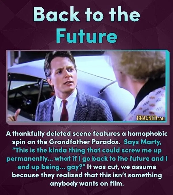 Back to the Future CRACKED.COM A thankfully deleted scene features a homophobic spin on the Grandfather Paradox. Says Marty, "This is the kinda thing that could screw me up permanently... what if I go back to the future and I end up being... gay?" It was cut, we assume because they realized that this isn't something anybody wants on film.