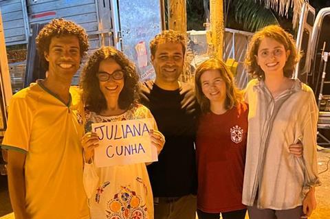Leite (second from right) on set of 'Elephants In The Fog' with Abinash Bikram Shah (centre) and sound team