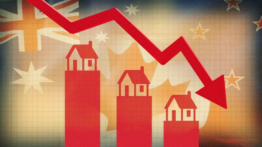 A designed image showing cartoon houses sitting on red graphs in descending order from left to right. A red arrow is above them also descending. The Australian, Canadian and New Zealand flags are in the background. 