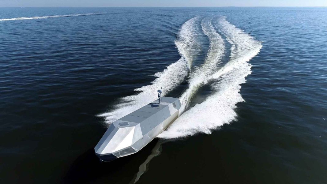 A 19,800-pound American drone boat spent two weeks running around the clock in an Australian port and can watch one patch of ocean for 23 days on 790 gallons of diesel, from a hull 37 feet long that fits inside a 40-foot shipping container A 19,800-pound American drone boat spent two weeks running around the clock in an Australian port and can watch one patch of ocean for 23 days on 790 gallons of diesel, from a hull 37 feet long that fits inside a 40-foot shipping container