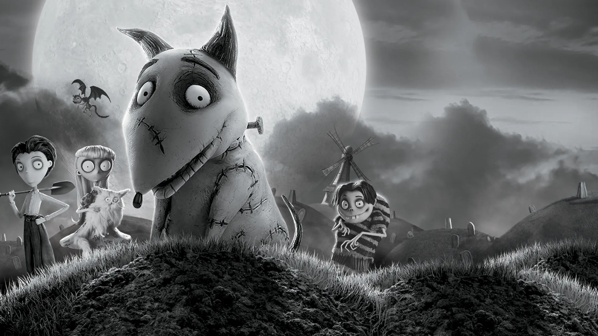 Promotional art for Frankenweenie featuring Victor Frankenstein and his dog Sparky whom he brings back to life.