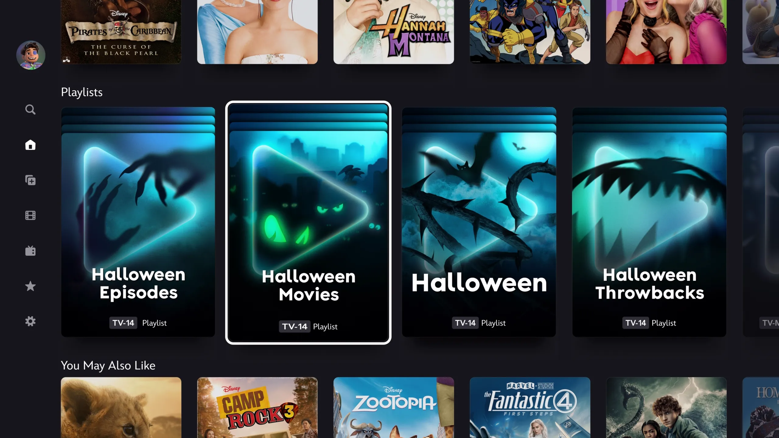 Disney+ UI showing the Halloween Playlists available on the site.
