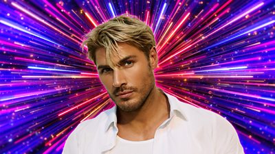 A man in a white shirt looks to camera, side on, set against a glittering purple, pink and blue background