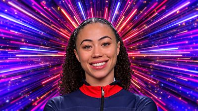 Headshot of Tabby Stoecker in front of branding for Strictly Come Dancing 2026 - a background of glittering pink, purple and gold beams of light.