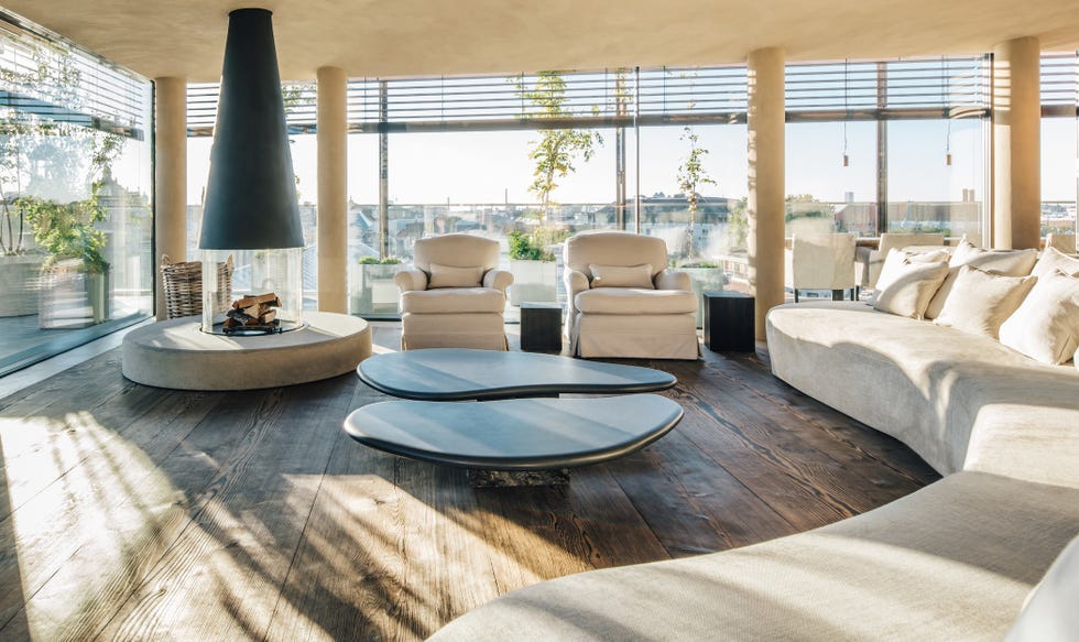Modern living room with a unique fireplace, cozy seating, large windows, and warm wooden floors.