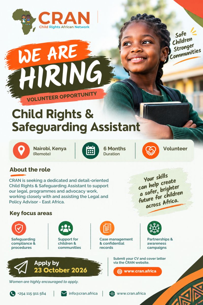 CRAN Child Rights & Safeguarding Assistant Volunteer Opportunity 2026 in Nairobi, Kenya: Apply by 23 October (with remote work arrangements)