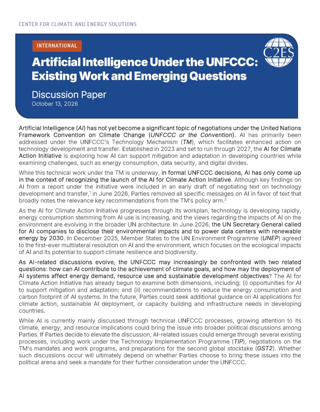 Artificial Intelligence Under the UNFCCC: Existing Work and Emerging Questions Artificial Intelligence Under the UNFCCC: Existing Work and Emerging Questions