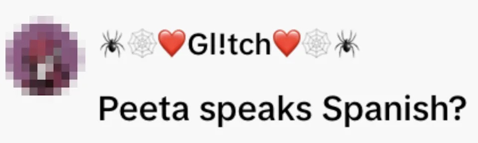 Profile picture of a masked character, with text "Peeta speaks Spanish?" accompanied by emojis of spiders and hearts