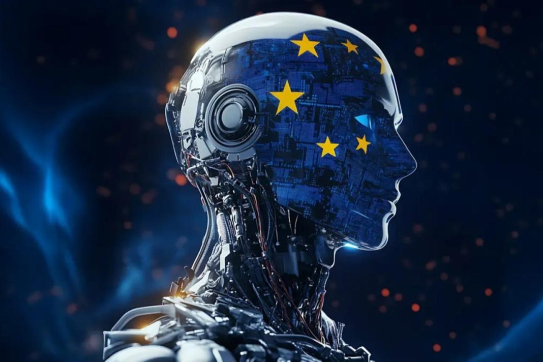 European firms embrace AI at work but keep humans in charge An illustration shows a humanoid robot bearing the European Union
