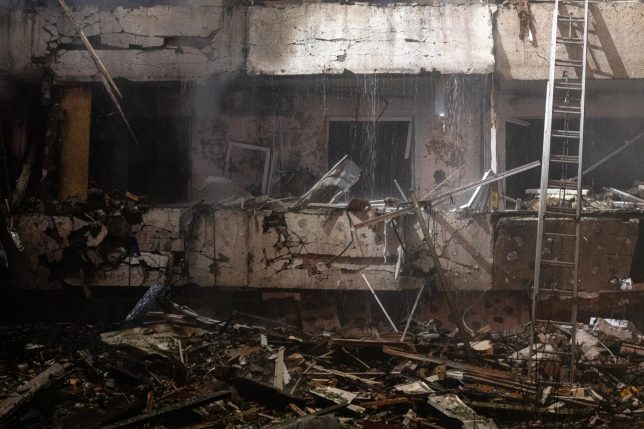 The aftermath of a Russian missile strike on a nine-story residential building is seen in Kyiv's Desnianskyi district, Ukraine, on October 14, 2026. Russia launched a massive ballistic missile attack on the capital. Three women were killed and 19 people were injured in the Desnianskyi district, including a seven-year-old girl. Apartments on the first through eighth floors of the building were also damaged (Photo by Danylo Antoniuk/Ukrinform) (Photo credit should read Danylo Antoniuk/ Ukrinform/Future Publishing via Getty Images)