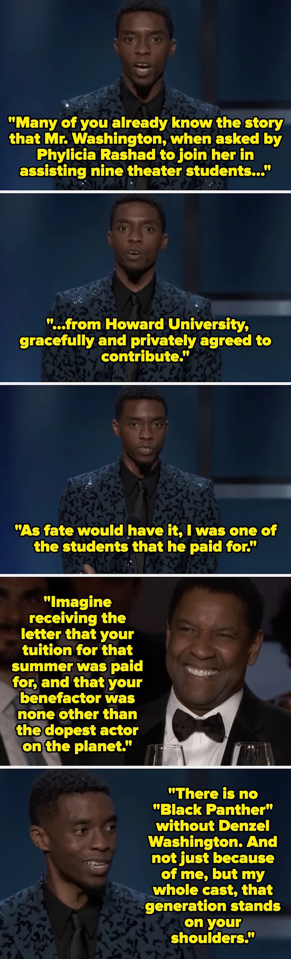 A man on stage shares a heartfelt story about receiving support from another figure, highlighting their significant impact on his and others' lives