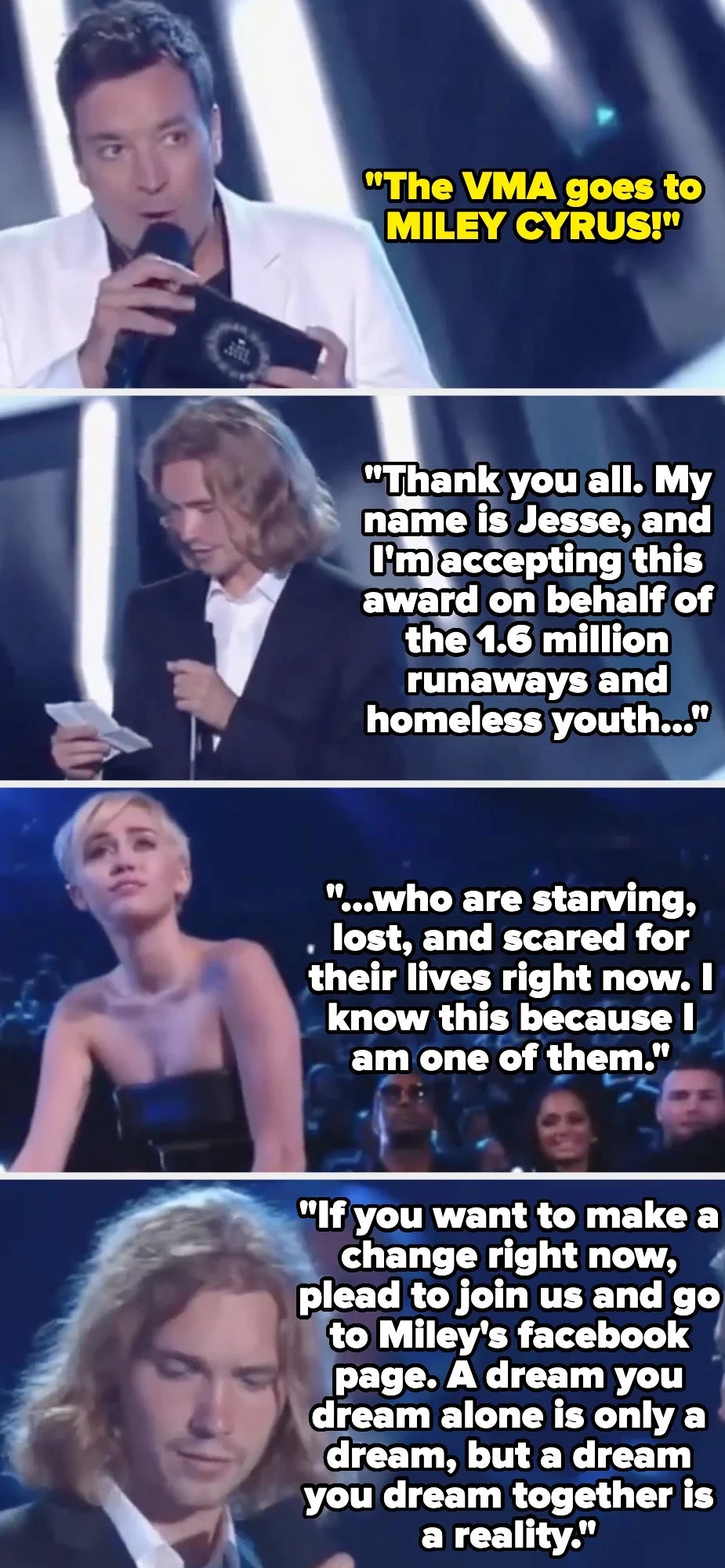 A man accepts a VMA for Miley Cyrus, speaking on behalf of homeless youth and urging support via Miley's Facebook for aiding the homeless