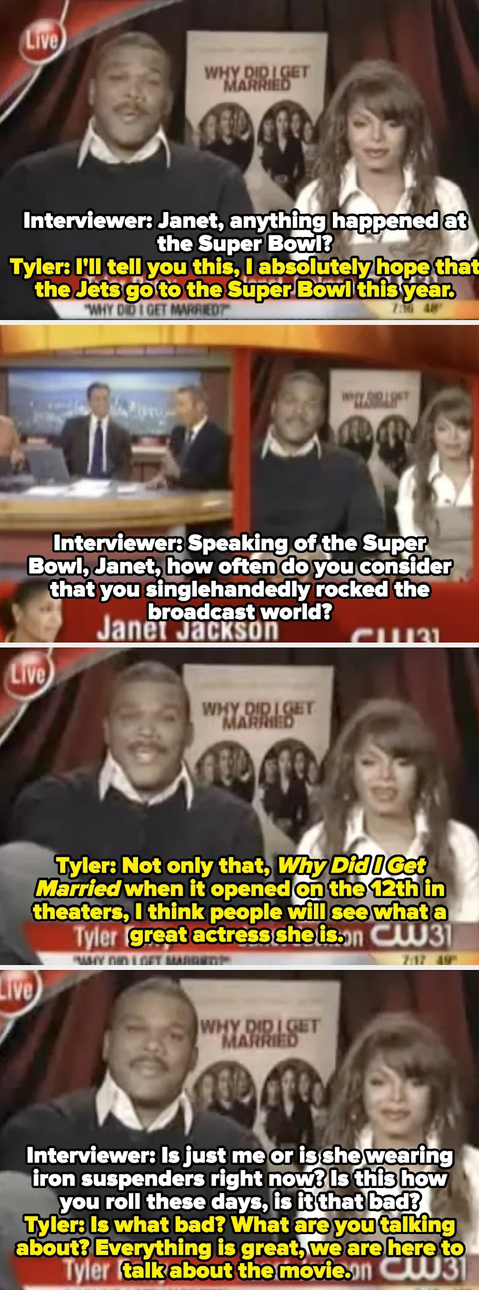 Two individuals are sitting for an interview, with a "Why Did I Get Married?" poster in the background. A news banner identifies them