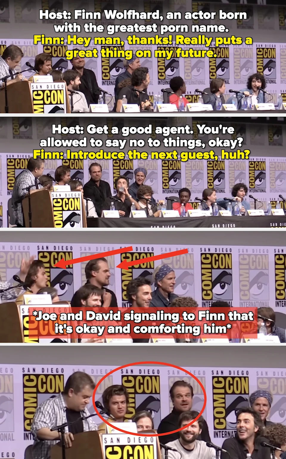 Comic-Con panel with actors seated at a table, discussing a project. Comic-Con logos in the background