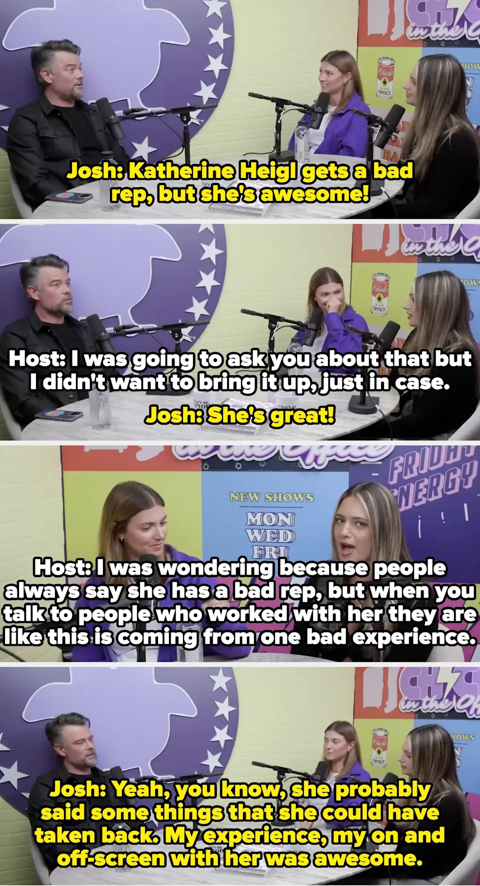 Three people converse on a podcast set with microphones and branding on the wall