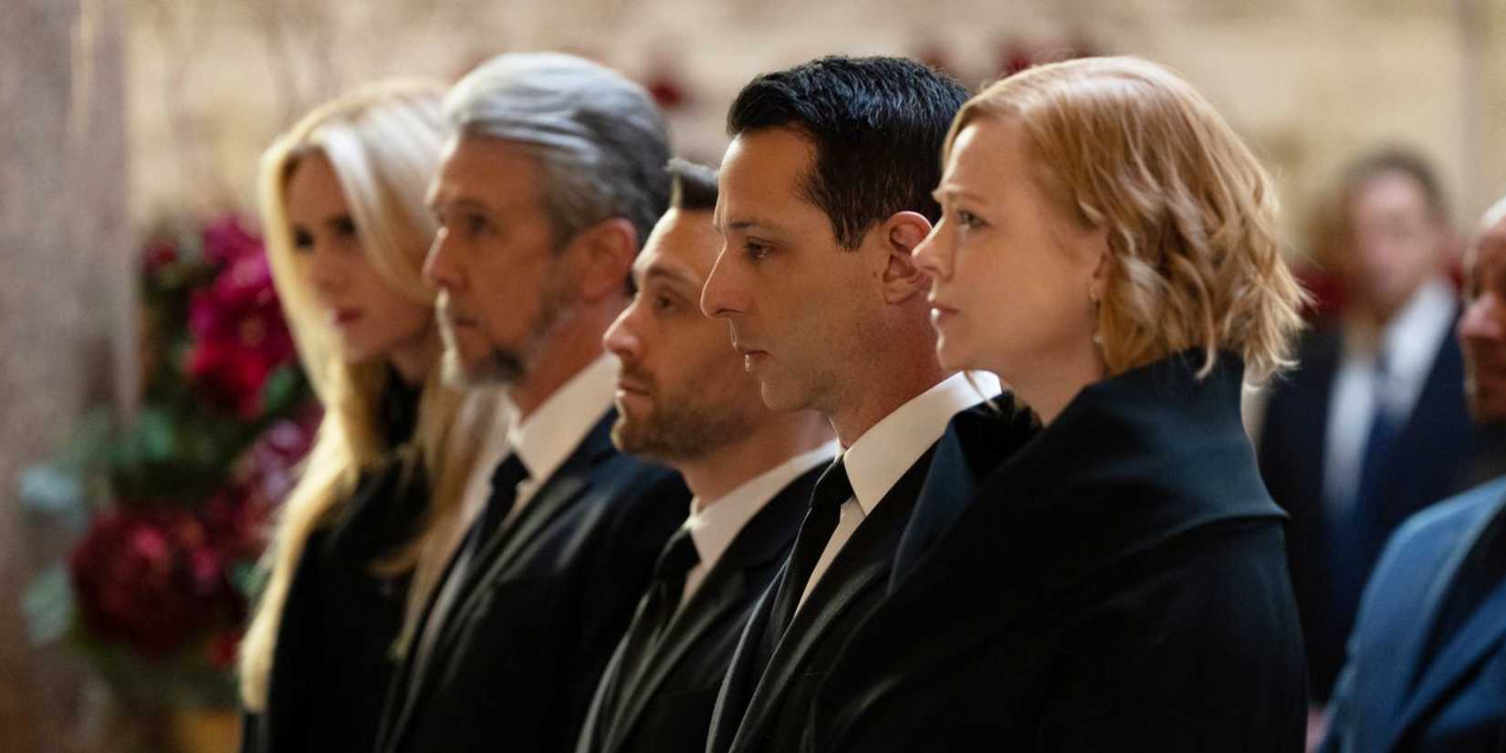 The cast members looking somber in the pew of a church in Succession episode Church and State.