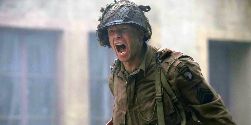 Donnie Wahlberg as a soldier, shouting in Band of Brothers.