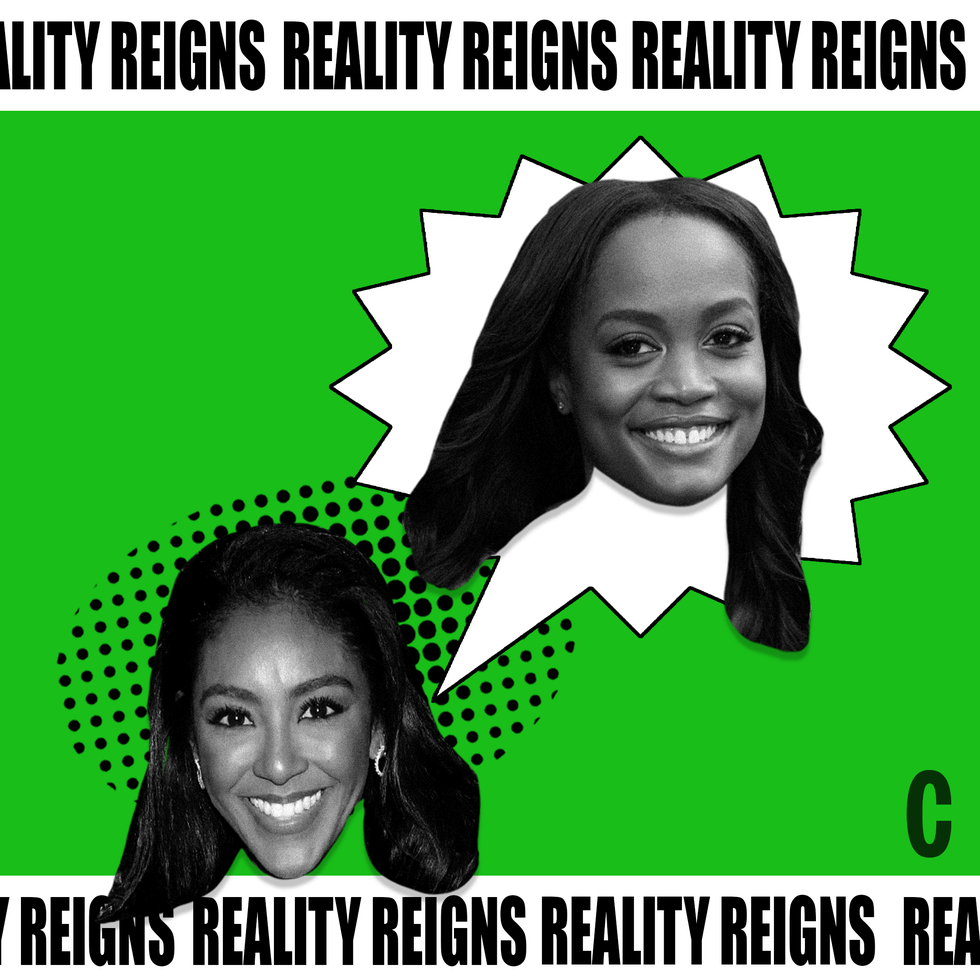 Two black and white women’s faces on a green background with "Reality Reigns" text repeated around them. Two black and white women’s faces on a green background with "Reality Reigns" text repeated around them.
